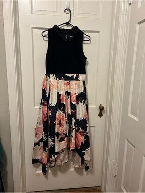 SLNY Navy Dress with Black Beaded Collar